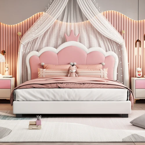 H0cbb073cc42e40b49316800079963ea7C.webp Goldoma Princess Bed with tufted crown headboard in cream and pink - twin platform bed