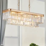 Rectangular crystal chandelier with adjustable height, E12 bulbs, modern industrial iron frame in a farmhouse living