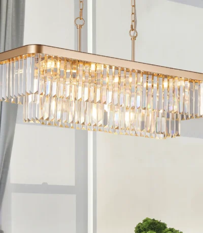 Rectangular crystal chandelier with adjustable height, E12 bulbs, modern industrial iron frame in a farmhouse living