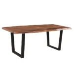 78 inch solid wood dining table with brown top and black metal double pedestal base in a modern dining room