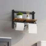 Tissue Holder Rustic Brown Wooden Wall-Mounted Double Toilet Paper Roll Holder Bathrooms Organiser with Storage Racks – top