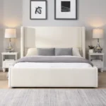 Goldoma modern adjustable queen upholstered bed with tall headboard in white fabric