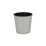 Large silver planter with a thriving houseplant on a modern table