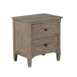 Wire brushed warm gray nightstand with two drawers and round knobs in a bedroom setting