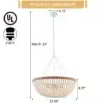 Bohemia Wood Beaded Chandelier Farmhouse Rustic Pendant Light for Bedroom Kitchen Island Dining Living Room White, Dia 22