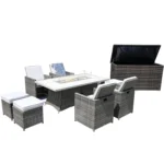 HMS Outdoor Leisure Ten-Piece Gray Wicker Furniture Set with White Cushions Durable PP Material Fire Pit Included – side view