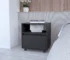Modern black nightstand with drawer and open shelf in bedroom setting