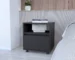 Modern black nightstand with drawer and open shelf in bedroom setting