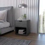 Light gray nightstand with drawer and open shelf in a modern bedroom setting