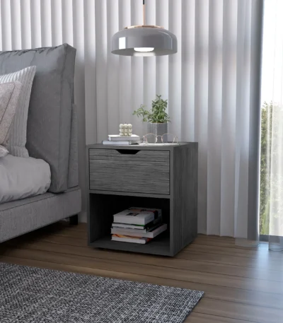 Light gray nightstand with drawer and open shelf in a modern bedroom setting