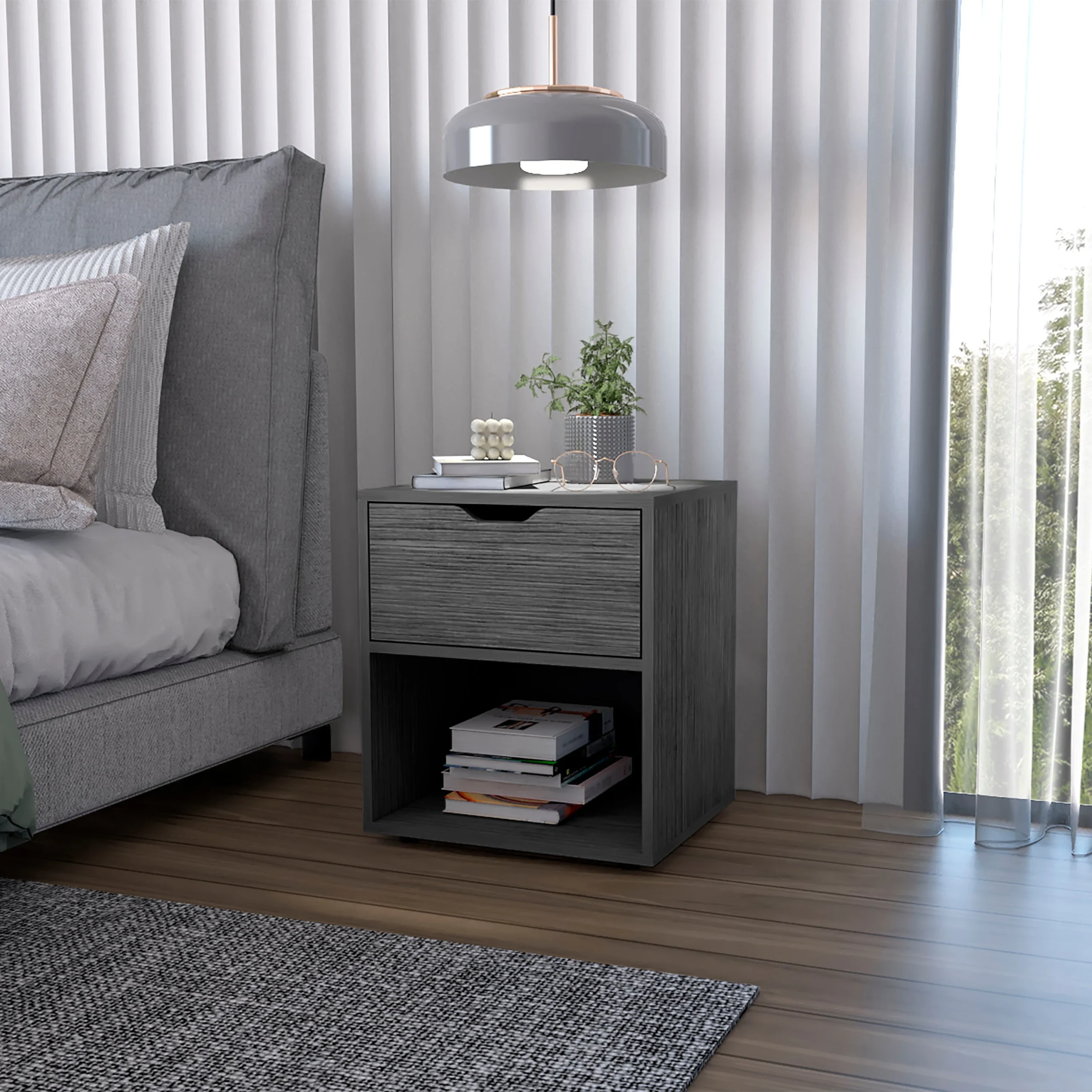 H0dac833cb94f4adb8cbf4c317e5e8201l.webp Light gray nightstand with drawer and open shelf in a modern bedroom setting