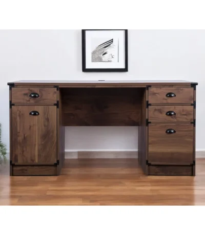 HMS 59 Walnut Wood Pedestal Computer Desk with Durable Metal Four Drawers