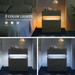 Modern LED nightstand with 3 drawers featuring illuminated acrylic panel in grey with gold veining