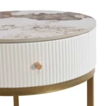 Modern round nightstand with marble top and gold base featuring a drawer for living room or bedroom