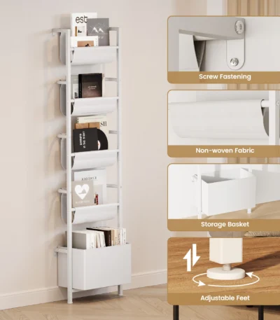 Wall Mounted Kids Bookshelf with Storage Bins 5-Tier Front Facing Ladder Book Ledge White Floating Shelf Space Saving