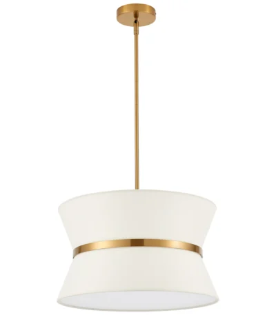 Modern chandelier with white fabric shade and brass finish hanging over kitchen island