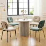 Modern round wood pedestal dining table for 4 in oak finish