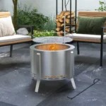 Goldoma smokeless fire pit with BBQ grill grate, glowing fire and low smoke