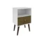 Rustic bedside table with white finish and single drawer in a cozy bedroom setting