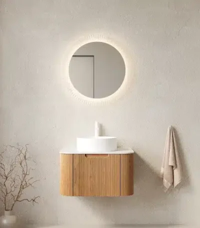 24-inch floating bathroom vanity with curved striped edges, white round ceramic basin, and natural woodgrain finish,