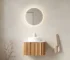 24-inch floating bathroom vanity with curved striped edges, white round ceramic basin, and natural woodgrain finish,