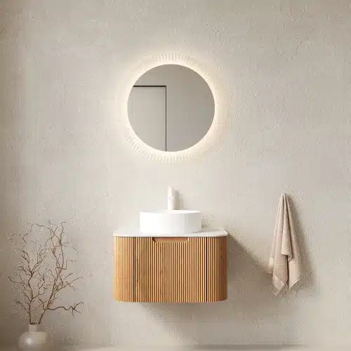 24-inch floating bathroom vanity with curved striped edges, white round ceramic basin, and natural woodgrain finish,