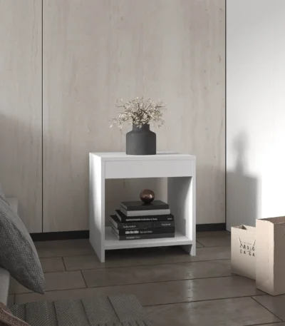Chroma minimalistic nightstand with open shelf for bedroom storage in white finish