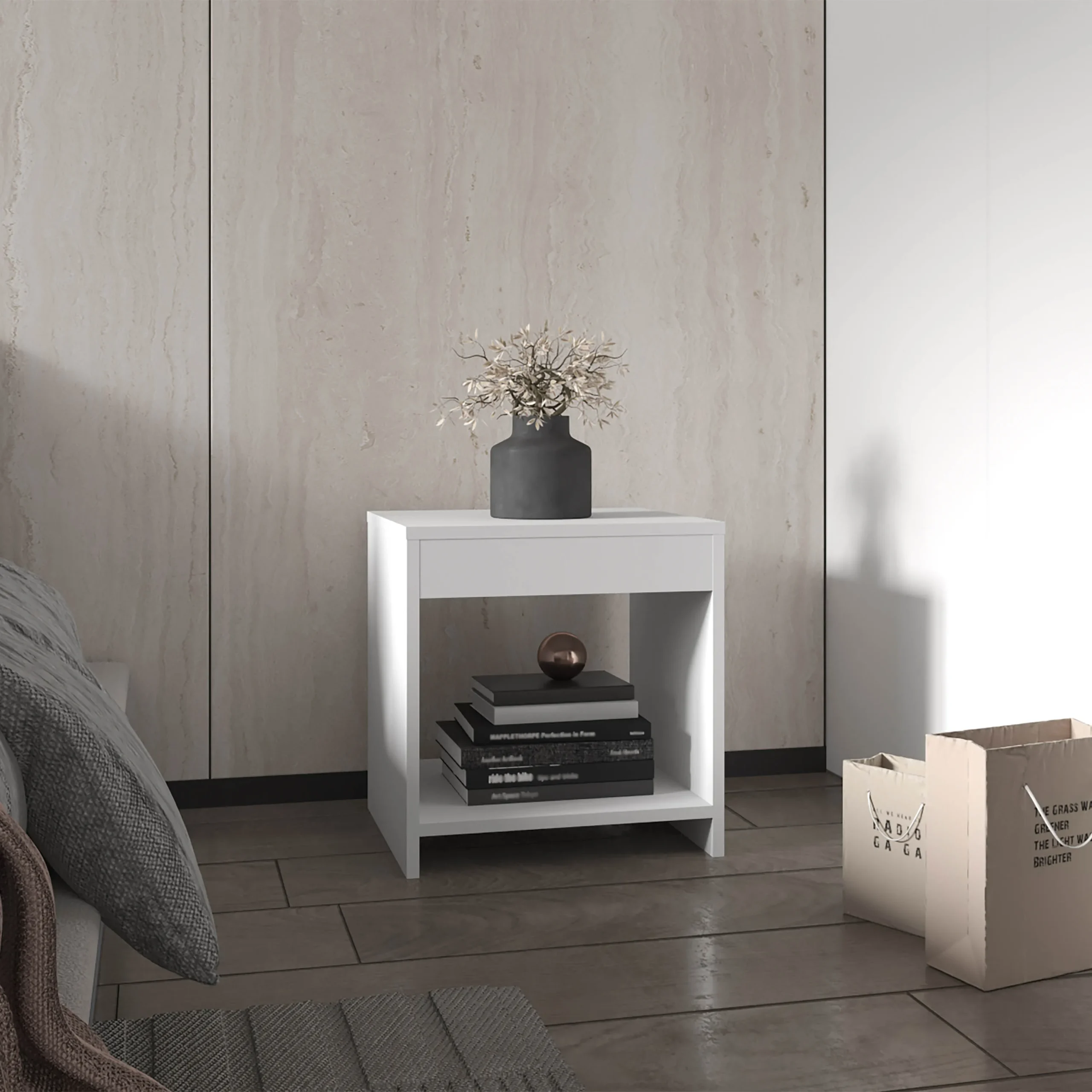 H0ebce37460b04a6f82185af83363c014u.webp Chroma minimalistic nightstand with open shelf for bedroom storage in white finish