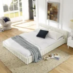 Modern upholstered queen bed frame with chenille fabric pleated headboard in neutral color - Goldoma queen bed frame