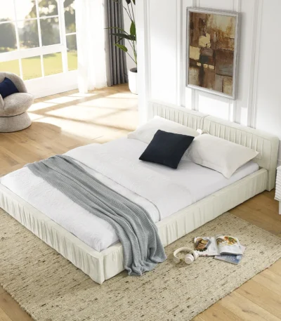 Modern upholstered queen bed frame with chenille fabric pleated headboard in neutral color - Goldoma queen bed frame