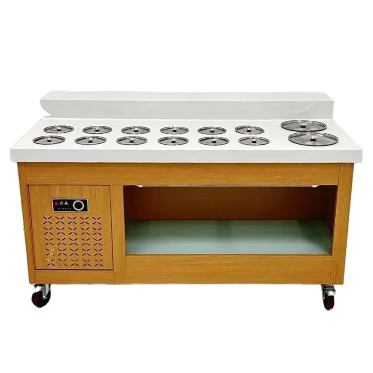 H0f3f7b9e9fae428ca0a2395a4a899b033.webp Elegant Design Malatang Buffet Dipping Station Vegetable Display Stand Refrigerator - Image 1