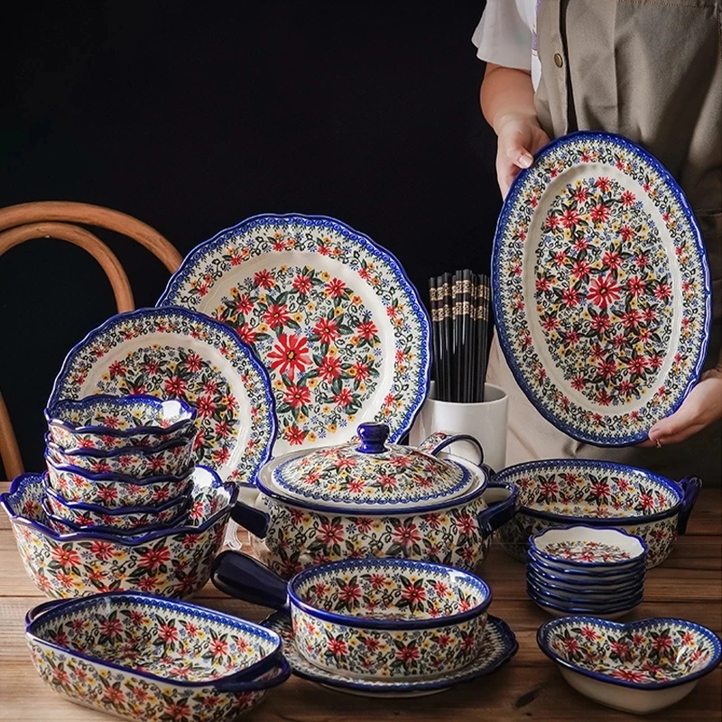 H0f6a046cc05b42ce8344958b3ce70167n.webp Ceramic Bakeware Bowls Polish Style Hand-painted Kitchen Tableware Salad Dessert Steak Pasta Plate Fruit Tray Decoration - Image 1
