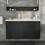 30 Inch Bathroom Vanity Cabinet With Ceramic Sink - Black Wall Mounted Floating Fluted Vanity With Drawers, Modern – side