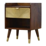 Solid Wood Manila Gold Nightstand – 1 Drawer 1 Open Slot Dark Brown – styled in a modern Nightstands setting