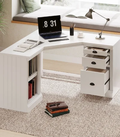 57.68-Inch Modern L-Shaped Executive Desk with 2 Storage Cabinets and 3 Drawers for Corner Office or Writing Workspace
