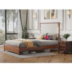 Goldoma LED king bed frame with upholstered headboard and charging station in a modern bedroom