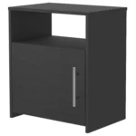 Modern black nightstand with one cabinet and open shelf, compact bedside storage for bedroom