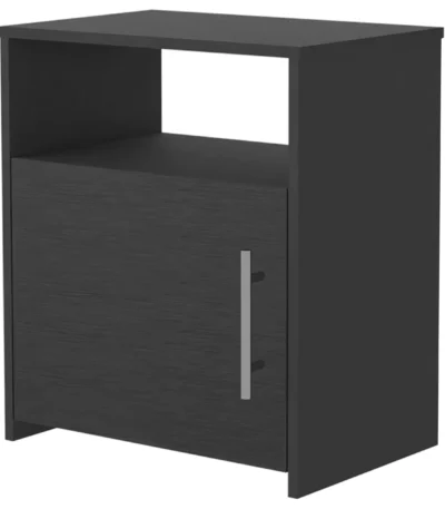 Modern black nightstand with one cabinet and open shelf, compact bedside storage for bedroom