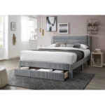 Goldoma queen storage bed with gray corduroy headboard and pine wood frame featuring under-bed drawers