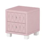 Modern solid wood nightstand with two drawers in a minimalist bedroom setting