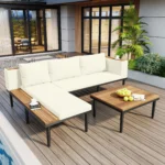 Luxury modern outdoor sofa set with acacia wood frame and removable waterproof cushions on a patio
