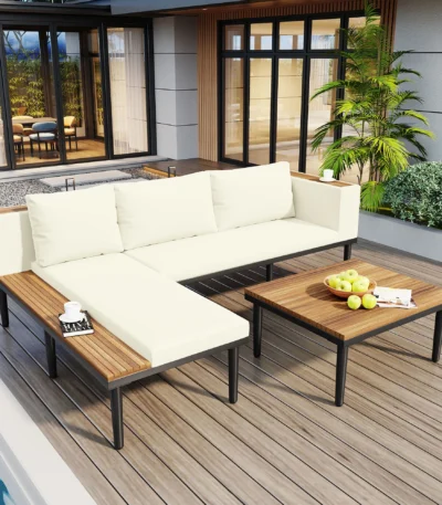 Luxury modern outdoor sofa set with acacia wood frame and removable waterproof cushions on a patio