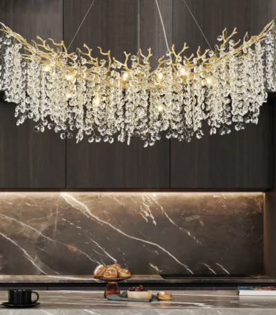 Modern Crystal Gold Chandelier, 47" Large Rectangular Tree Branch Chandeliers for Dining Room Over Table,Living Room,Island