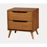Mid Century Modern Oak Nightstand 2 Drawer Solid Wood with Round Tapered Legs