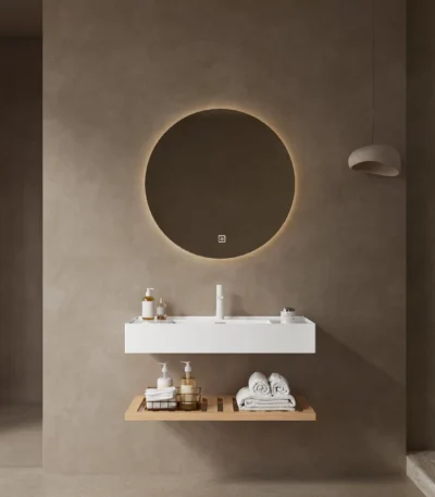 White rectangular acrylic vessel sink on natural woodgrain wall-mounted vanity, front view.