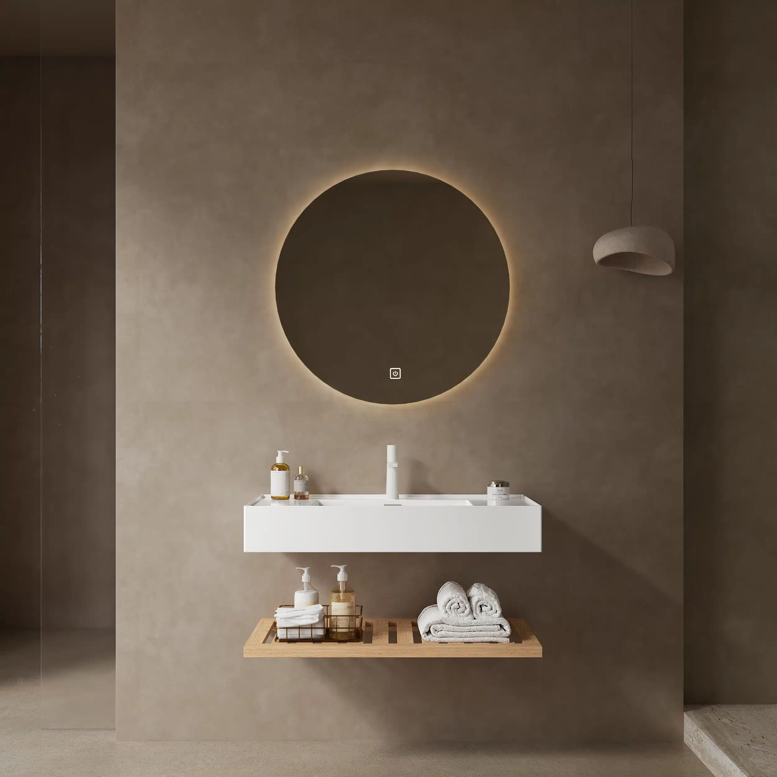 White rectangular acrylic vessel sink on natural woodgrain wall-mounted vanity, front view.
