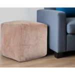 Beige chenille cube pouf ottoman 18-inch foldable square stool in modern living room
