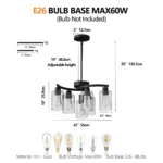US Stock Free Shipping 21.7in Matte Black Clear Glass 6-Light Modern Farmhouse Chandelier Hanging Pendant Light – side view