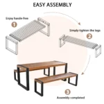3-Piece Modern Outdoor Dining Set Acacia Wood Table with 2 Benches Steel Frame for Home & Hotel Use – styled in a modern