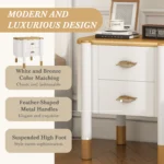 Curved nightstand with drawers featuring feather handles in a modern bedroom setting